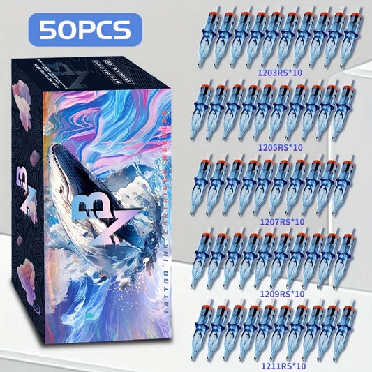 50 Pcs/Set Blue Whale Tattoo Cartridge Needle, 1203Rs/1205Rs/1207Rs/1209Rs/1211Rs, Disposable Mixed Size Tattoo Needle Standard Round Liner, Tattoo Supplies for Tattoo Artists and Beginners
